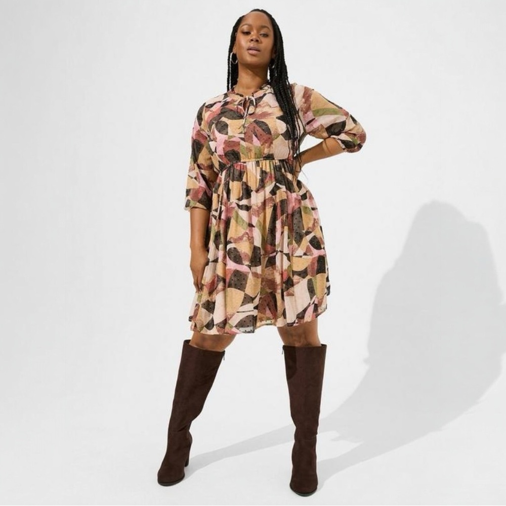 Torrid Mini Clip Dot Front Keyhole Midi 3/4 Sleeve Dress SIZE 2X
